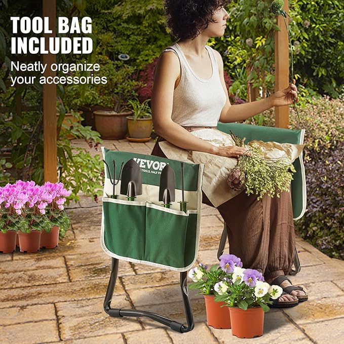VEVOR Folding Garden Kneeler and Seat Heavy Duty, Widened 8" EVA Foam Pad, Portable Garden Stool with Tool Bags, Gardening Bench to Relieve Knee & Back Pain, Great Gifts for Seniors, Women, Parents