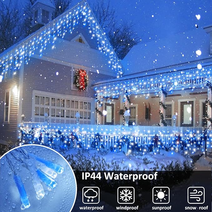 Icicle Lights for Outside, 33FT 400 LED Christmas Lights Outdoor with Waterproof 8 Modes, Plug in Connectable String Twinkle Light for Indoor Home Roof Window Garden Wedding Decorations, Blue White