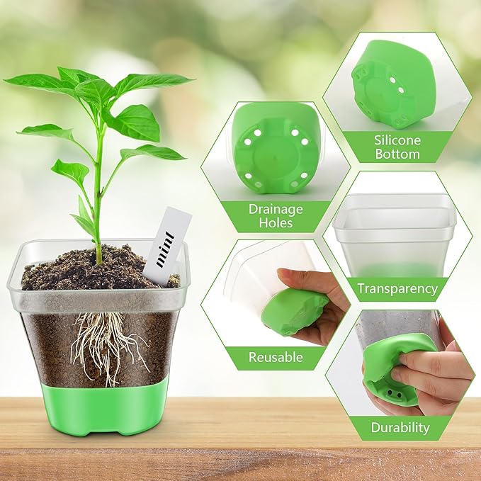 Clear Nursery Pots for Plants,10 Packs Seed Starting Pots 3.1 inch Plastic Plant Pot Seedling Pots with Drainage Holes Plant Nursery Pots with Silicone Base Seed Starting Pot (No Lids 10)