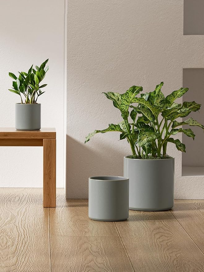 LE TAUCI Ceramic Plant Pots Indoor, 10 Inch 8 Inch 6 Inch Planters for Indoor Plants, Mid-Century Modern Flower Pots with Drainage Hole, Cylinder Round Planter Pots, Set of 3, Reactive Glaze Blue Gray