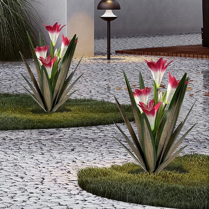 Homight Metal Agave Plant Outdoor Decoration Outdoor Garden Decoration Lily Mexican Yard Art Plant Garden Agave Lily Decorative Garden Gift (3 Big Red Lilies), HM-390-345