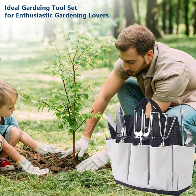 Garden Tool Set, Stainless Steel Gardening Kit, with Large Capacity Garden Tool Bag, Outdoor Hand Tools, Black Grey Garden Tool Kit for Women and Men