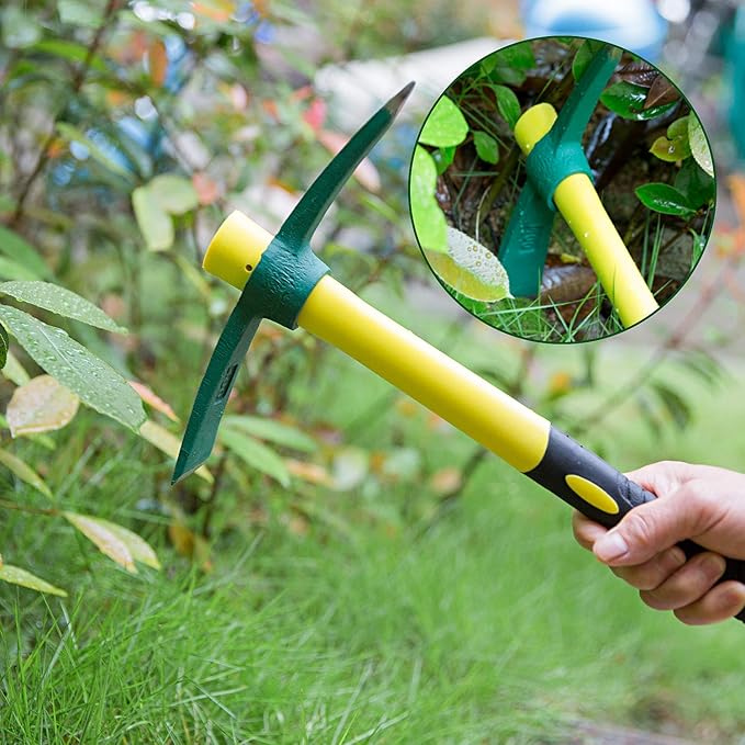 2 Packs 15 Inch Pick Mattock Hoe, KINJOEK 1.5Lbs Forged Weeding Garden Pick Axe with Fiberglass Handle for Digging Loosening Soil, Gardening, Camping or Prospecting