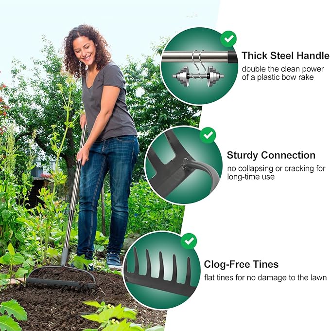 Rake for Leaves, Garden Bow Rake Heavy Duty, 5 ft Leaf Rake for Lawns, Back-Saving Metal Rake with 14 Tines Rake Head, Yard Gardening Tools for Loosen Soil, Clear Gravel Grass Rock, Level Mulch