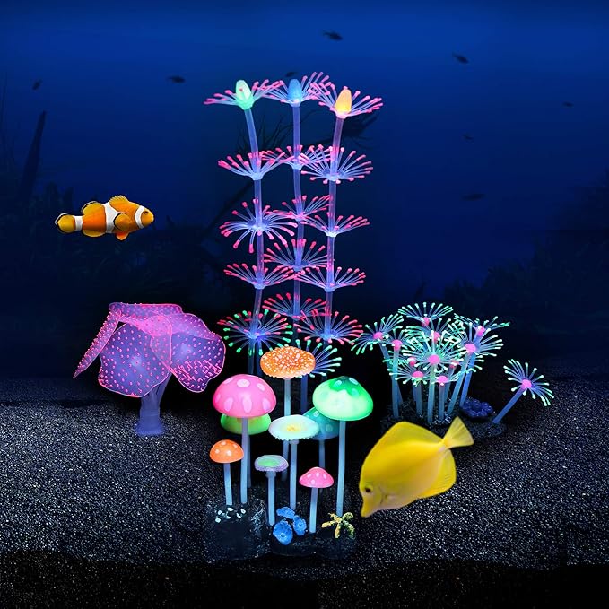 Lpraer 4 Pack Glow Aquarium Decorations Coral Reef Glowing Mushroom Anemone Simulation Glow Plant Glowing Effect Silicone for Fish Tank Decorations