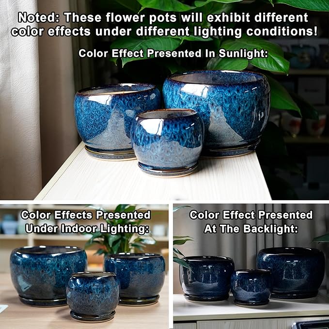 SQOWL Ceramic Planter 8 Inch - Pot for Indoor Outdoor Plants Round Ceramic Plant Pot with Drainage Hole and Saucer Modern Flower Pot Glazed Blue