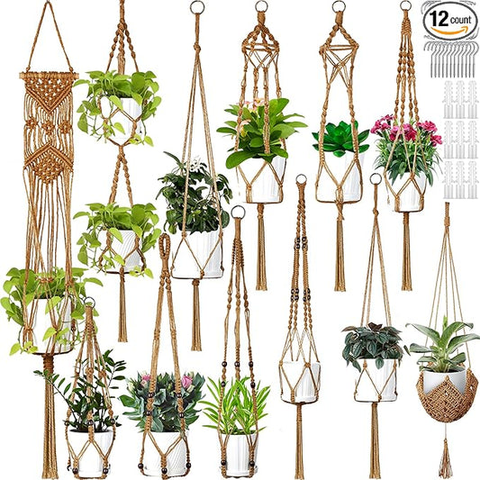 Hoteam 12 Pcs Macrame Plant Hangers Macrame Hanging Planters for Indoor Plants Handmade Boho Hanging Baskets Flower Pots Holder for Outdoor Home Wall Decor