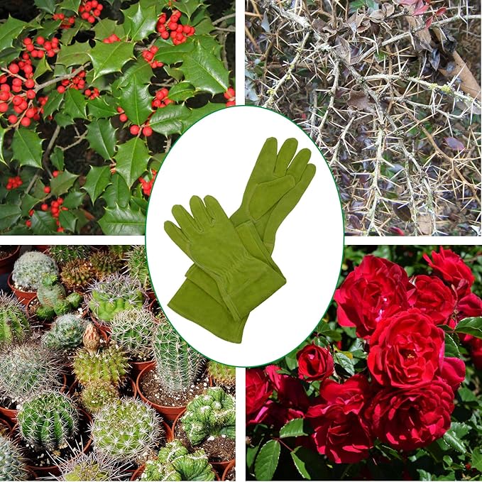 HANDLANDY Ladies Leather Gardening Gloves, Thorn Proof Long Gauntlet Heavy Duty Garden Gloves, Elbow Length Women Rose Pruning Gloves (Medium, Green)