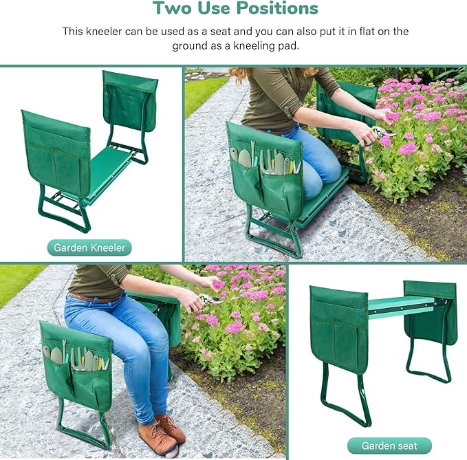 YSSOA 2024 New Garden Kneeler and Seat, with Sturdy Soft EVA Foam Pad, Hold Up to 330lb, Foldable Kneeling Bench, with 2 Tool Pouch for Gardening, Fishing, Camping, Green