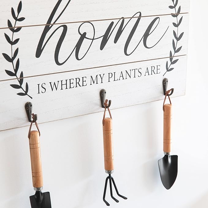 COLLECTIVE HOME - Garden Decor with Tools, Inspirational Wood Hanging Signs, Garden Tools Set - 3 Piece, Out Door Decor with Hooks, Home is Where My Plants are, 15.75"x9.5" (White)