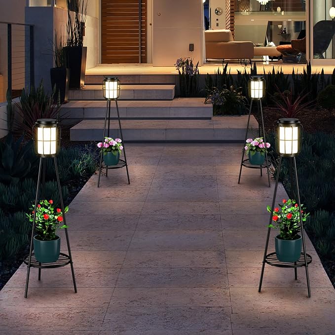 2 Pack Solar Lights Outdoor with Plant Stands, Solar Floor Lamp, Solar Powered Street Lights Metal Tripod Deck Lights, Patio Decor for Garden Yard Pathway Driveway Porch