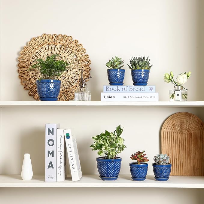 Sureasy Succulent Pots, 3.5 Inch Flower Pots for Indoor Plants, Small Plant Pots with Saucer & Drainage, Decorative Ceramic Planters for Succulent, Cactus, Set of 4, Blue