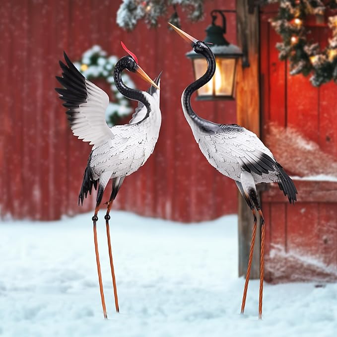TERESA'S COLLECTIONS Yard Decorations Outdoor Garden Statues, White Metal Crane Yard Art, 25-26inch Lawn Ornaments for Backyard, Outside Porch, Patio, Wedding Decor,Set of 2,Spring Decor,Gifts for Mom