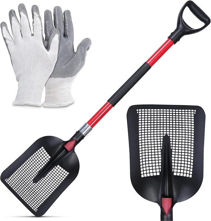 Sand Sifting Shovel Heavy-Duty for Metal Detecting, Gardening, Cat Litter Chicken Coop Poop Cleaning and Beach Play - Durable Metal Mesh Scoop with Ergonomic Handle