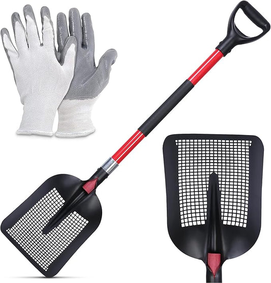 Sand Sifting Shovel Heavy-Duty for Metal Detecting, Gardening, Cat Litter Chicken Coop Poop Cleaning and Beach Play - Durable Metal Mesh Scoop with Ergonomic Handle