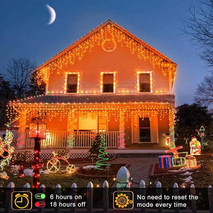 Christmas Icicle Lights Outdoor, 66ft 640 LED Icicle Lights for Outside with 8 Modes Timers, Waterproof Plug in Twinkle String Light for House Yard Eave Patio Party Holiday Decorations, Orange