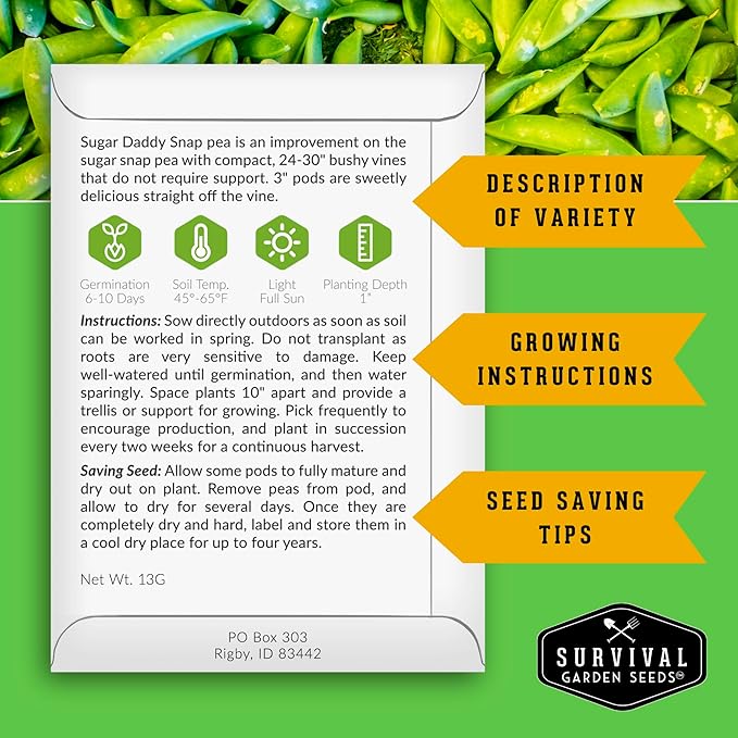 Survival Garden Seeds - Sugar Daddy Snap Pea Seed for Planting - 2 Packs with Instructions to Plant and Grow in Delicious Pea Pods Your Home Vegetable Garden - Non-GMO Heirloom Variety