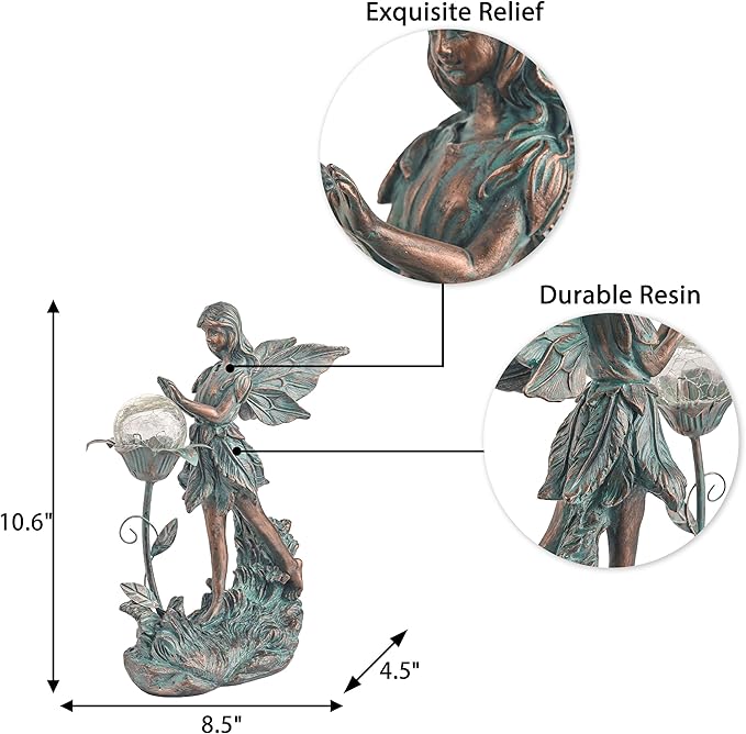 TERESA'S COLLECTIONS Garden Fairy Large Bronze Garden Sculptures & Statues Resin with Solar Outdoor Light, Valentines Decorations Lawn Ornaments for Outdoor Garden Decor, Gifts for Women Mom, 10.6"
