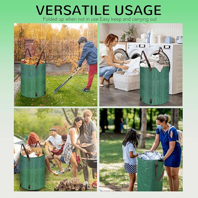 Leaf Collector Bag with Lid, Shoulder Strap, and Drawstring – Reusable Yard Garden Bag for Leaves and Lawn Trash, Perfect for Leaf Removal, Yard Clean-Up (With lid, 48 Gallon)