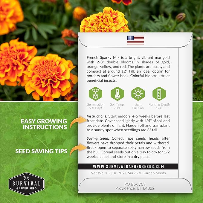 Survival Garden Seeds - French Sparky Marigold Seed for Planting - 1 Pack with Instructions to Plant and Grow Large Tagetes Patula Flowers in Your Home Vegetable Garden - Non-GMO Heirloom Variety