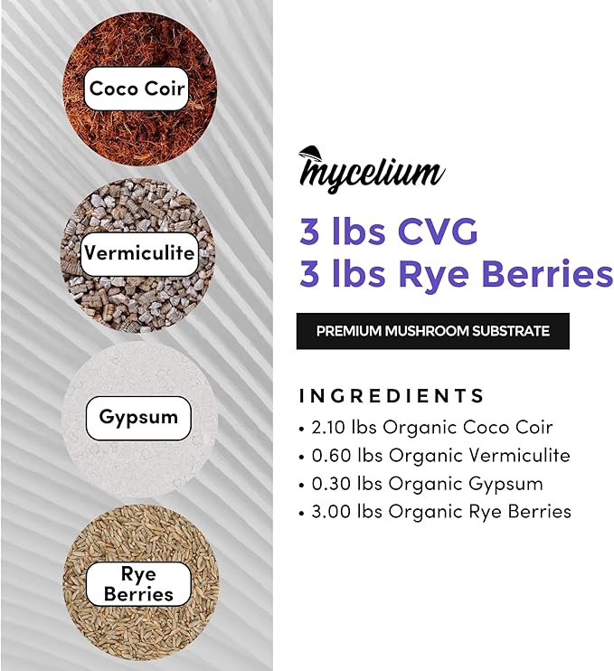 Mycelium's Superior Dung-Loving Mushroom Substrate & Rye Berries Grain 6 LB All-in-One Bag – Organic Coco Coir, Vermiculite & Gypsum Formula, Pre-Sterilized & Ready for Easy Home Cultivation