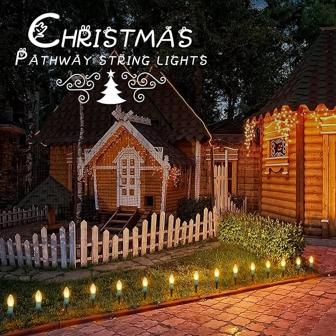 Christmas Pathway String Lights Outdoor - 25.7 Ft. C9 20 Clear Lights with 20 Stakes Connectable Waterproof for Indoor Xmas Party Holiday Commercial Decoration, Warm White