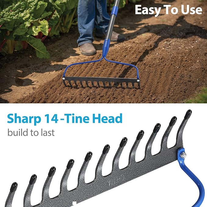 Garden Rake, 72 inch Heavy Duty Rakes for Lawns, Metal Bow Rake with 14 Tine High Carbon Steel Tines for Gardening, Loosening Soil, Flatting Mulch, Leveling Rock, Anti-Rust Landscaping Tools