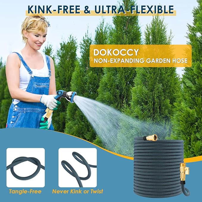 Non-Expanding Garden Hose 100 ft, Flexible Kink Free Water Hose with 10 Watering Spray Nozzle, Lightweight Hose Pipe, Leak-Proof, Durable, 3/4" Brass Alloy Connector, Portable Storage Strap