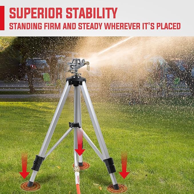 YAMATIC Impact Sprinkler on Adjustable Tripod Base, 360 Degree Large Area, with 3/4" Thread Quick Connect Fittings, Heavy Duty Pulsator Sprinkler for Lawn Yard and Grass, Spray up to 20-90ft (36inch)