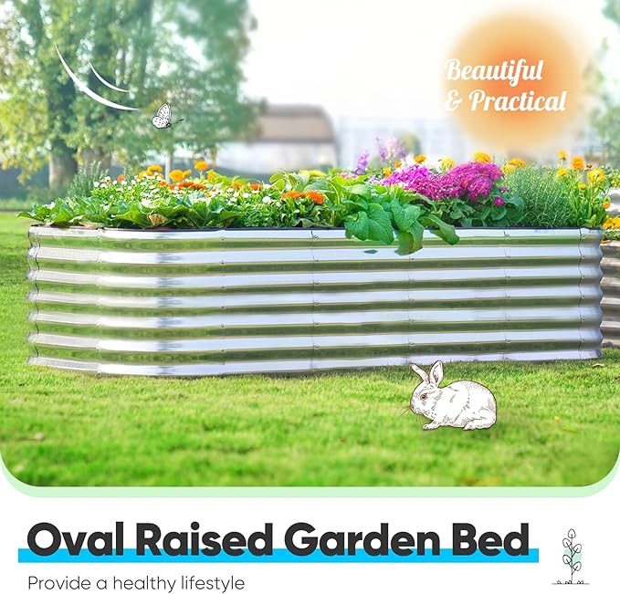 Quictent Raised Garden Bed Kit Oval Galvanized Metal Planter Box Tall for Vegetables Outdoor Backyard, Rubber Strip Edging Included, Silver 6x3x2 ft