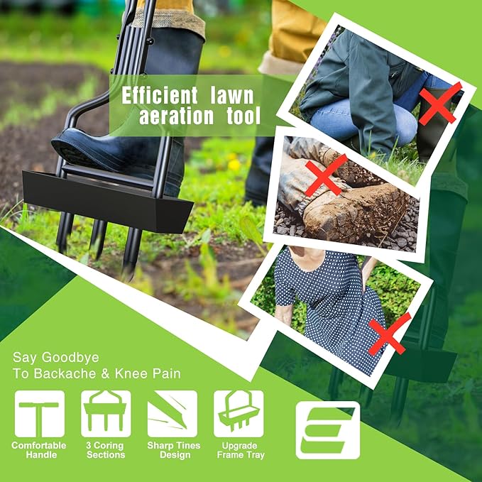 EEIEER Lawn Coring Aerator Tool, Upgarded Manual Lawn Aerators with Soil Storage Basket, 3 Core Tines Plug Aerator with Cleaning Tool, Yard Aeration Tool for Compacted Soil & Lawn Care