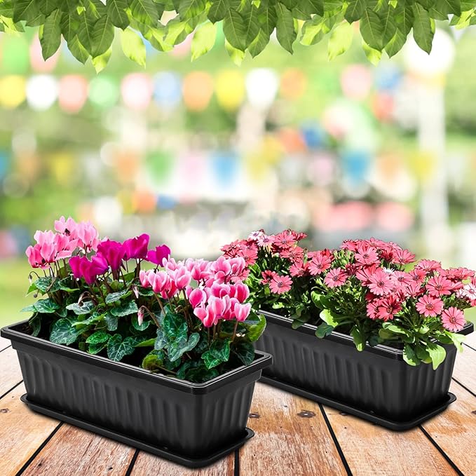 Fasmov 7 Pack 17 Inches Flower Window Box Plastic Vegetable Planters with Trays Vegetables Growing Container Garden Flower Plant Pot with 7 Pcs Plant Labels for Balcony, Patio, Garden, Black