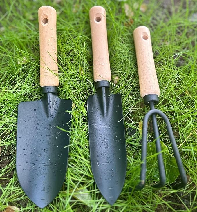 Garden Tools Set-Garden Trowel,3 Piece Heavy Duty Gardening Kit Gift for Mens and Womens,Large Succulent Plant Transplant Trowel Set,1 Narrow Shovel,1 Wide Shovel and 1 Garden rake Tools Set