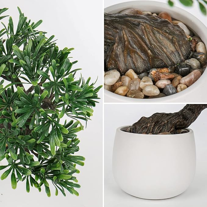 DILATATA Fake Bonsai Tree Zen Juniper Bonsai Plant 10” Tall Artificial Bonsai Trees with White Ceramic Pot Decorated with Pebbles Desk Plant Indoor Bonsai for Home Office Decor