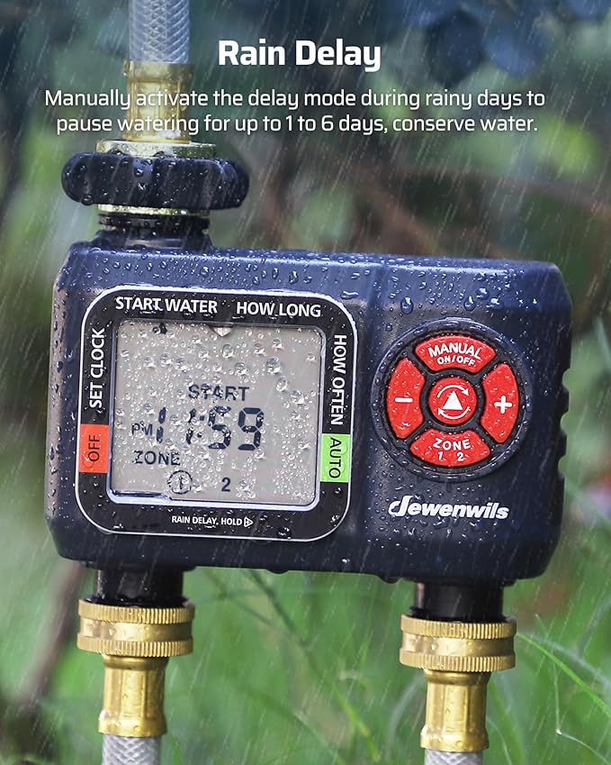 DEWENWILS Sprinkler Timer 2 Zone, Water Hose Timer with Rain Delay/Manual Watering/Automatic Irrigation Timer, Programmable Outdoor Faucet Timer for Garden, Yard, Lawn