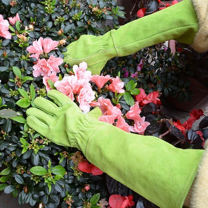 HANDLANDY Ladies Leather Gardening Gloves, Thorn Proof Long Gauntlet Heavy Duty Garden Gloves, Elbow Length Women Rose Pruning Gloves (Medium, Green)