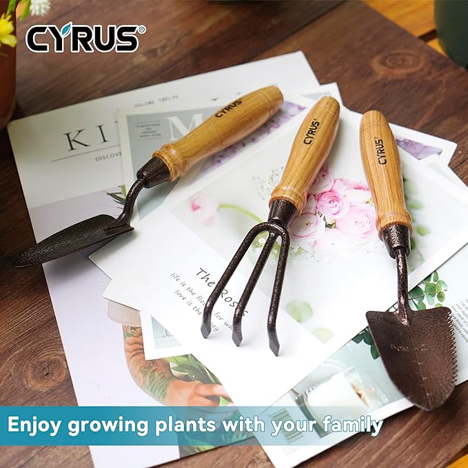 CYRUS Garden Tool Set,3 Piece Garden Shovel,Includes Hand Shovel, Transplanting Shovel and Hand Rake with Ash Wood Handle for Planting, Weeding, Maintaining Lawns and Gardens