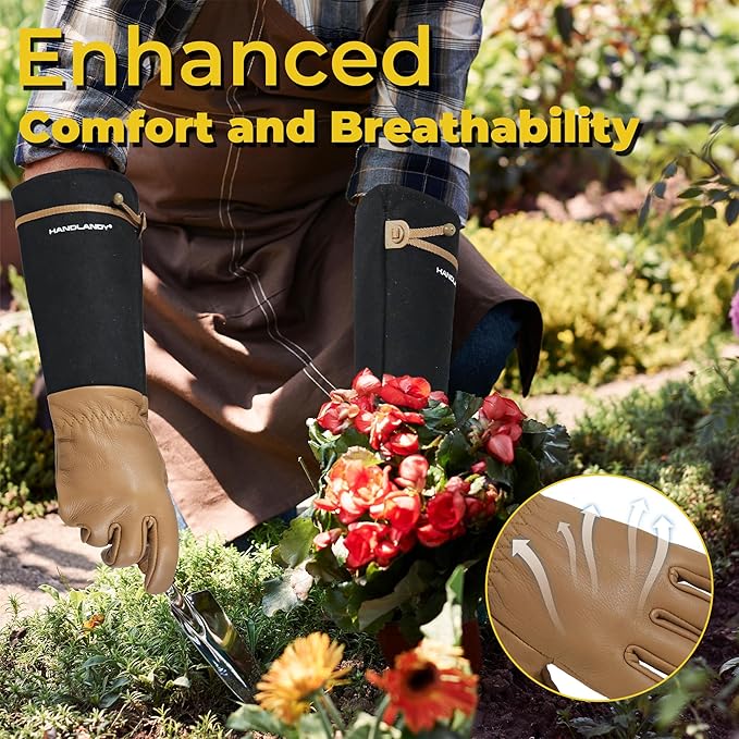 HANDLANDY Long Gardening Gloves for Men & Women, Cowhide Leather Rose Pruning Gloves, Breathable Thorn Proof Gauntlet Gloves (Brown-Cowhide, S)