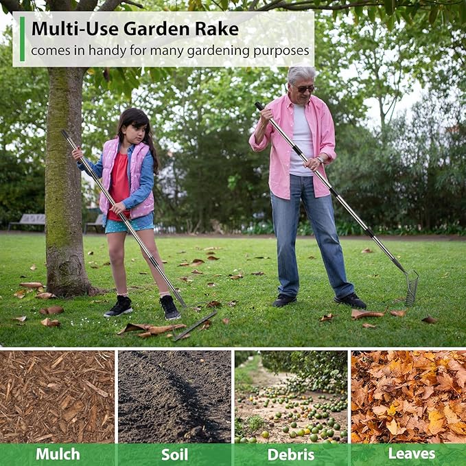 Rake for Leaves, Garden Bow Rake Heavy Duty, 5 ft Leaf Rake for Lawns, Back-Saving Metal Rake with 14 Tines Rake Head, Yard Gardening Tools for Loosen Soil, Clear Gravel Grass Rock, Level Mulch