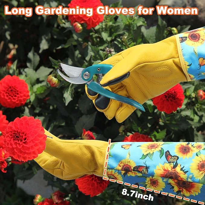 DLY Gardening Gloves for Women, Rose Gloves Gardening Thorn Proof, Long Garden Gloves for Women, Breathable Cowhide Leather Gauntlet (Large, Blue)
