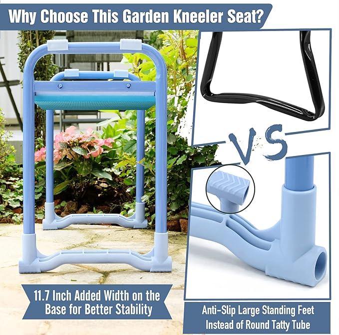 Jardineer Folding Garden Kneeler and Seat, 10 Inch Wider Kneeling Bench Stool, Portable Gardening Workseats with Tool Bag and Padded Cushion, Garden Gift for Women Seniors(Blue)