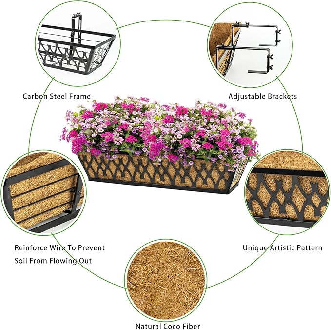 2 Pack 30 Inch Window Boxes Planters Railing Planter Box with Adjustable Brackets for Porch Fence Patio Balcony Hanging Flower Baskets with Coco Liners for Outdoor Garden Decor - Black