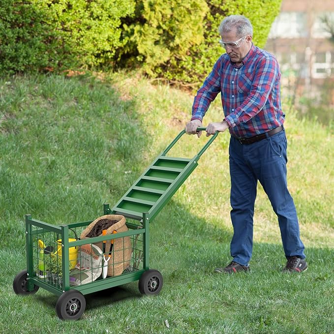 FLINTER Rolling Garden Work Seat with Wheels, Heavy Duty Garden Cart with Seat - Garden Rolling Cart Stools w/Wheels for Seniors