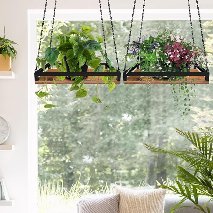 Plant Hanger Indoor, 16" Wooden Hanging Plant Holder with Metal Frame Large Hanging Planter for Indoor Plants Load 50LB Hanging Plant Shelf with 27.6" Long Chain, Ideal for Heavier Pots Window Ceiling