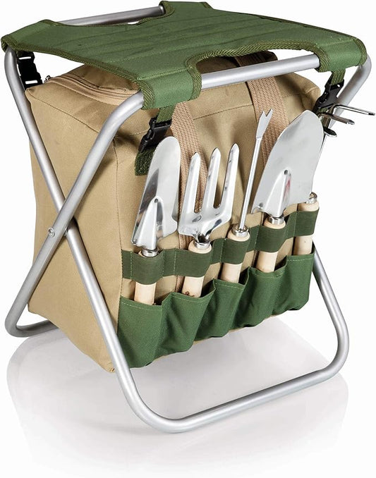 PICNIC TIME Disney Minnie Mouse Gardener Folding Seat with Tools, Folding Garden Stool with Detachable Storage Tote Bag, Portable Folding Chair Seat with GardenTools Set Organizer, (White)
