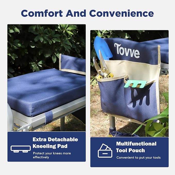Foldable Garden Kneeler and Seat, Heavy Duty Garden Stool with 10" Wide Detachable Kneeling Pad, Portable Garden Bench Chair with Large Garden Tool Bag, Gardening Gifts for Women, Seniors