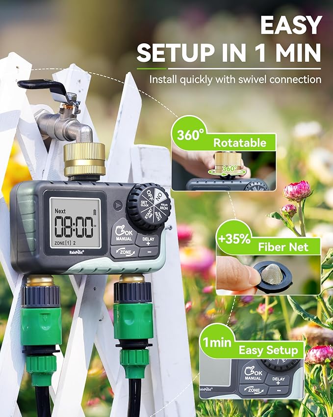 RAINPOINT 2 Zone Sprinkler Timer with Brass Inlet and Outlet - Water Timer for Garden Hose with Rain Delay/Manual Watering/Automatic Irrigation Controller System - Water Hose Timer for Yard Lawn