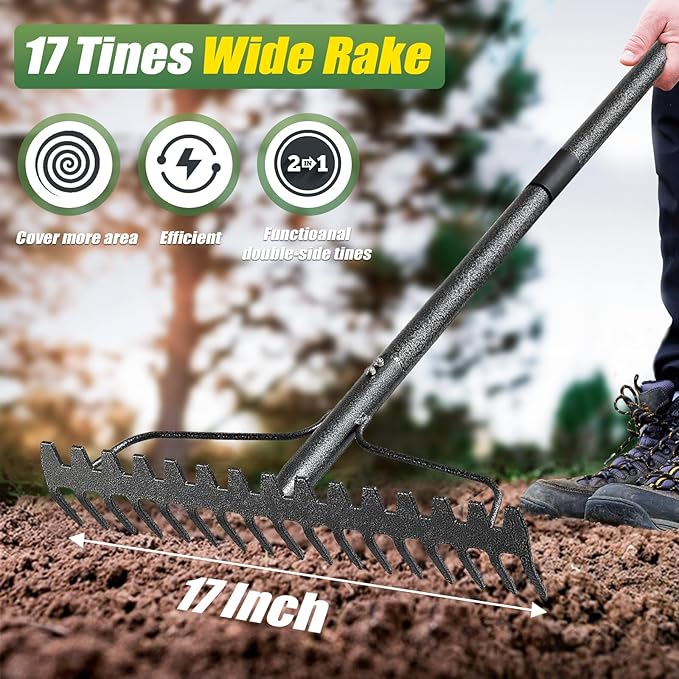 Garden Rake, 5FT Bow Rake Heavy Duty Leveling Rake with Adjustable Handle, 17 Tines Wide Head Metal Thatch Rake for Gardening Leaves Lawn Yard Mulch Rake