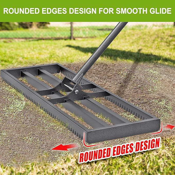 Lawn Leveling Rake with Rounded Edges, 42 x 10'' Leveling Rake with Tines for Soil, Heavy Duty Lawn Leveler with 7FT Handle, Ground Level Tool for Farm, Garden, Backyard