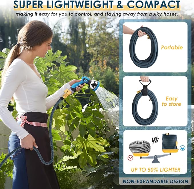 Non-Expanding Garden Hose 100 ft, Flexible Kink Free Water Hose with 10 Watering Spray Nozzle, Lightweight Hose Pipe, Leak-Proof, Durable, 3/4" Brass Alloy Connector, Portable Storage Strap
